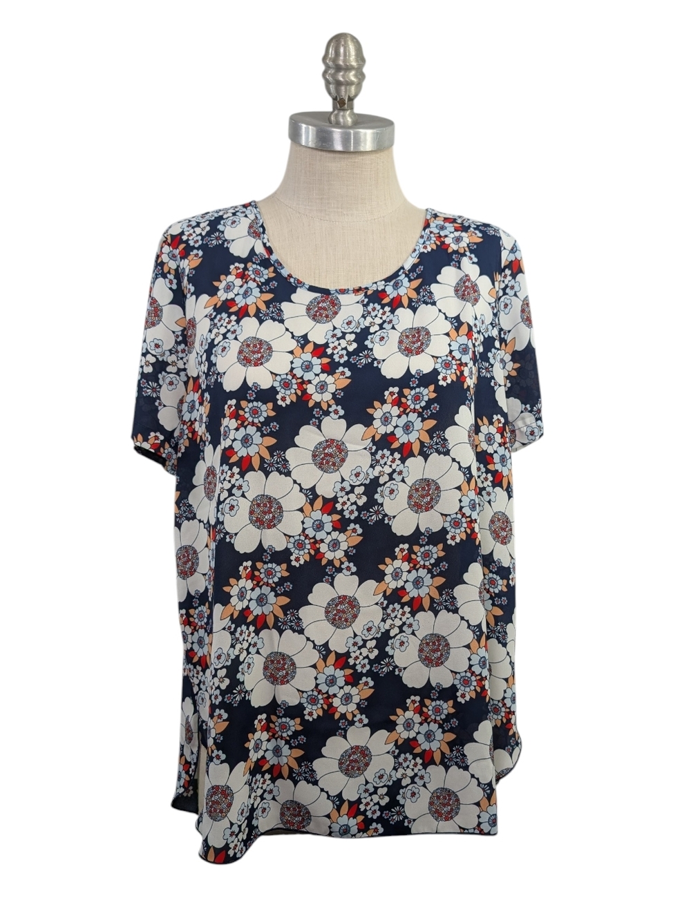 Spense Navy Blue Floral Short Sleeve Blouse - Size XL